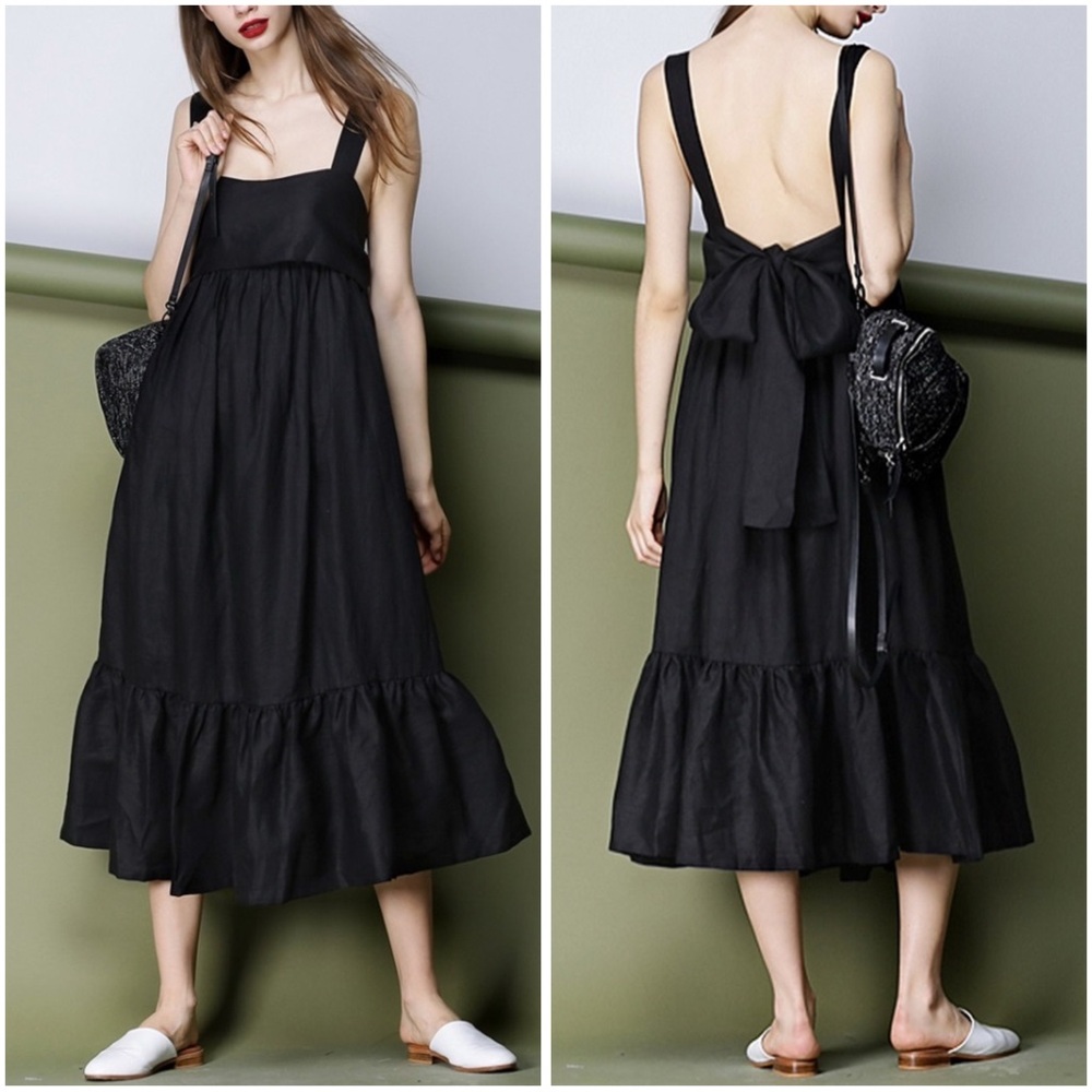 CARAA Linen Square Neck Midi Dress Size Large Ruffle Hem